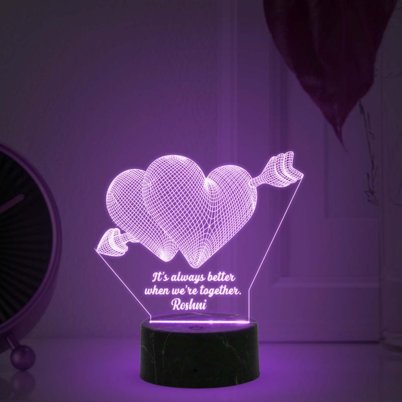 3D Double Heart Led Night Lamp with Multicolored Light Customized with Any Name and Text Gift for Anniversary